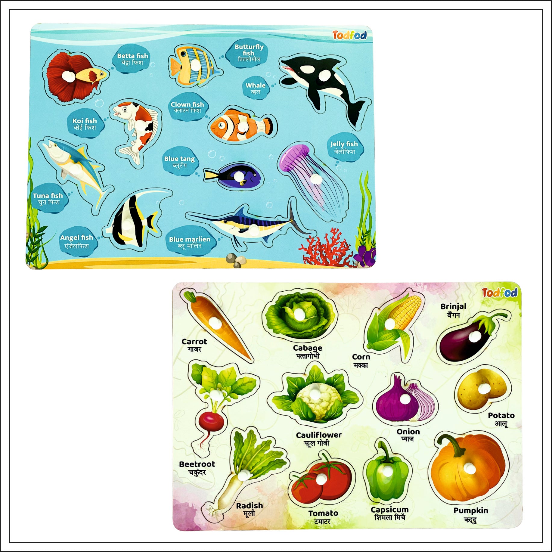 Brainy Fish Fish and Vegetable Wooden Knob & Pegged Puzzle for Kids – The Brainy ...